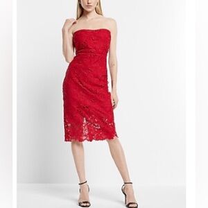 Express Allover Lace Strapless Sheath Midi Dress-Size S- Lipstick Red NWT💄